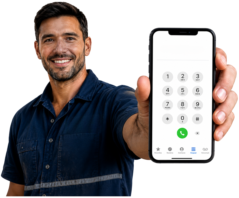Kenthurst Blocked Drains plumber holding a phone — call 1300 261 965